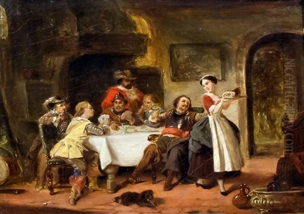 Male Revellers In An Inn Interior In 17th Century Dress Drinking, Smoking, Playing Cards And Eating, Served By A Maid Oil Painting by Petrus Theodorus Van Wijngaerdt