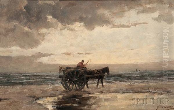 Horse-drawn Cart On Beach Oil Painting by Jan Hillebrand Wijsmuller