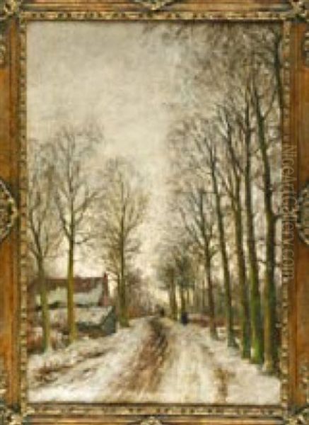 Landliche Winteridylle Mit Bauernhaus Am Baumumsaumten Weg Oil Painting by Jan Hillebrand Wijsmuller