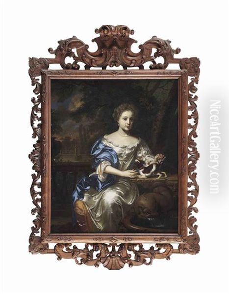 Portrait Of A Lady, Said To Be Maria Simonides Van Nijs (1677(?)- 1700), In A White Satin Dress With A Blue Shawl And Pearl Jewellery, Seated With A Dog... Oil Painting by Mattheus Wijtmans