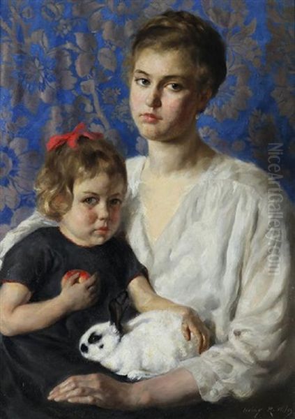 Portrait Of Mother And Child With Rabbit Oil Painting by Irving Ramsay Wiles