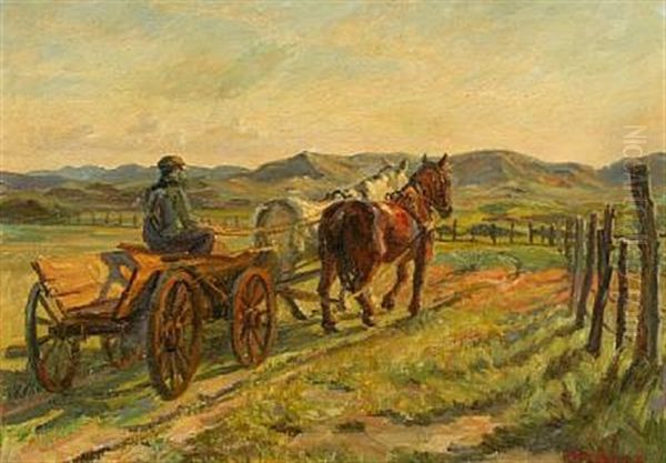 Horse Carriage On A Heath, Probably Near Skagen Oil Painting by Johannes Martin Fastings Wilhjelm