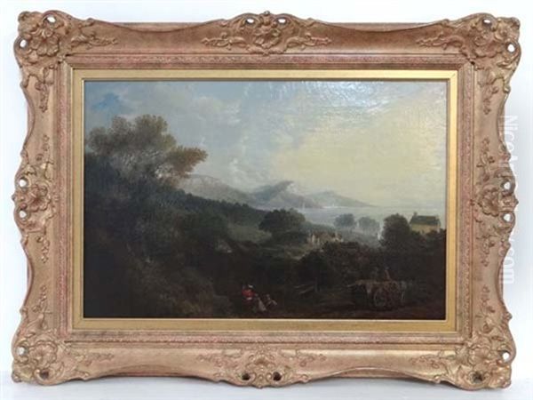 Devon Cliffs,shipping Horse Drawn Cart And Figures Etc Oil Painting by George Barrell Willcock