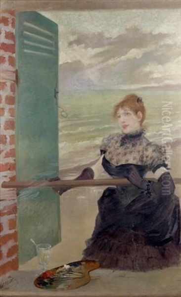 Femme En Robe Noire A La Fenetre D'un Peintre, Devant La Mer Oil Painting by Adolphe Willette
