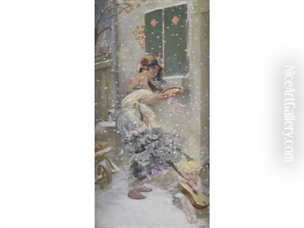 Gitane Au Tambourin Et Amour Sous La Neige Oil Painting by Adolphe Willette