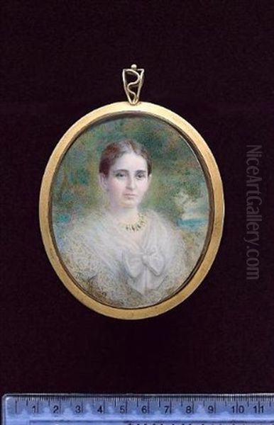 A Lady Wearing White Dress With Lace Trimmed Wide Collar Tied With A Bow And Gold And Jade Necklace, Woodland Background Oil Painting by Alyn Williams