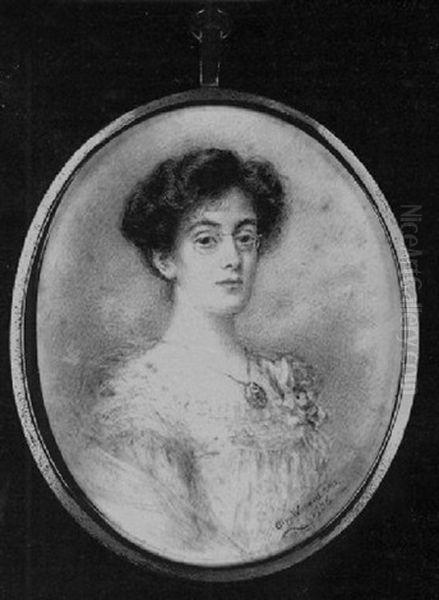 A Lady, Wearing Spectacles, Low-cut Cream Dress And Mauve Shawl About Her Shoulders Oil Painting by Alyn Williams