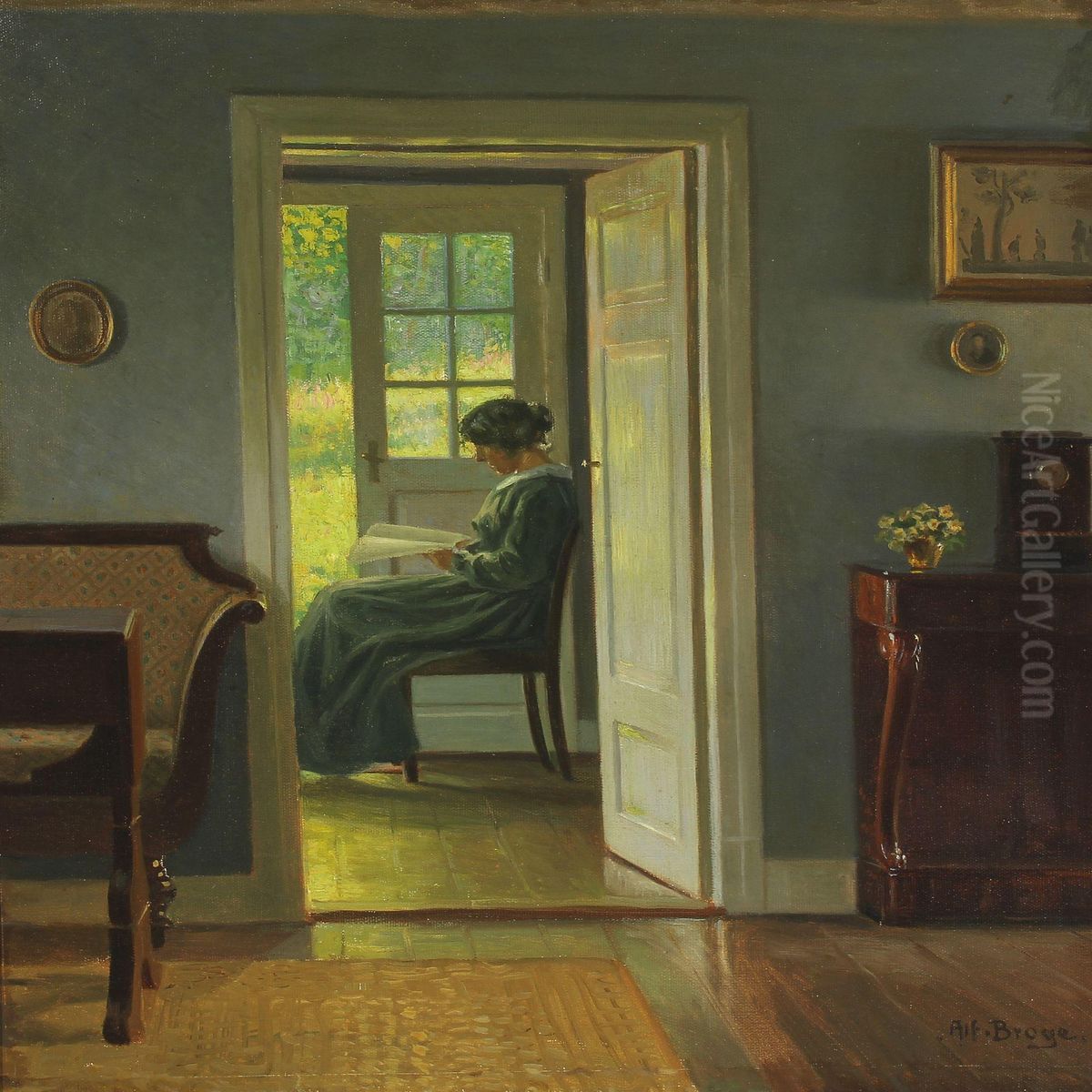 Interior With Reading Woman Oil Painting by Alfred K. Harald Broge