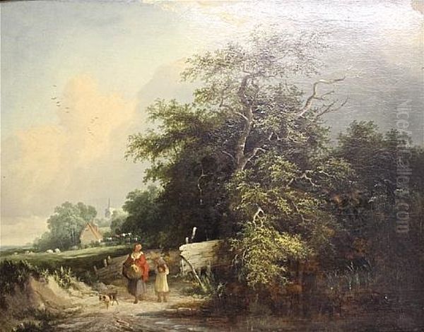 Mother And Child On A Country Lane (+ Travelers Resting; Pair) Oil Painting by Edward Williams
