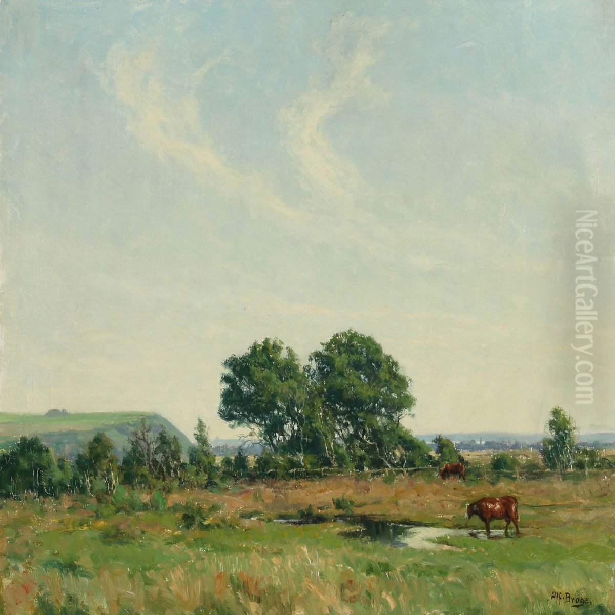 Grazing Cows In The Field Oil Painting by Alfred K. Harald Broge