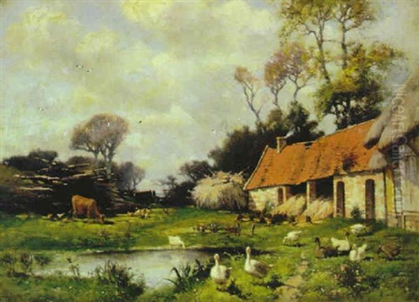 Cottage In A Summer Landscape With Animals Oil Painting by Frederick Dickinson Williams