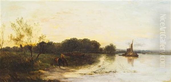 Figures In River Landscape Oil Painting by George Augustus Williams