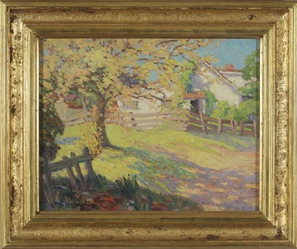 Sunlit Farm House With Fence Oil Painting by Kate A. Williams