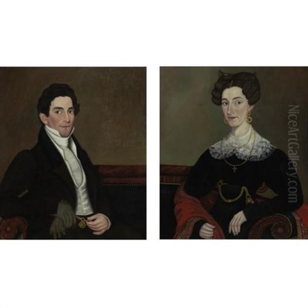 Portrait Of A Gentleman With Doeskin Gloves, Gold Watch And Watch Winder (+ Portrait Of A Lady With Jewels And Paisley Shawl; Pair) Oil Painting by Micah Williams