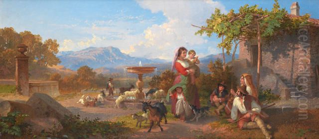 A Peasant Family By A Fountain In An Italian Landscape Oil Painting by Penry Williams