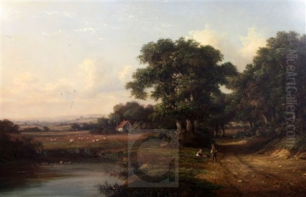 Boys Beside A Pond In An Extensive Landscape Oil Painting by Walter Heath Williams
