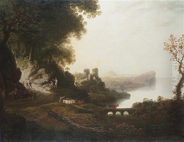 A Mountainous River Landscape With Soldiers On A Country Path And A Drover With His Cattle Crossing A Bridge Oil Painting by William Williams