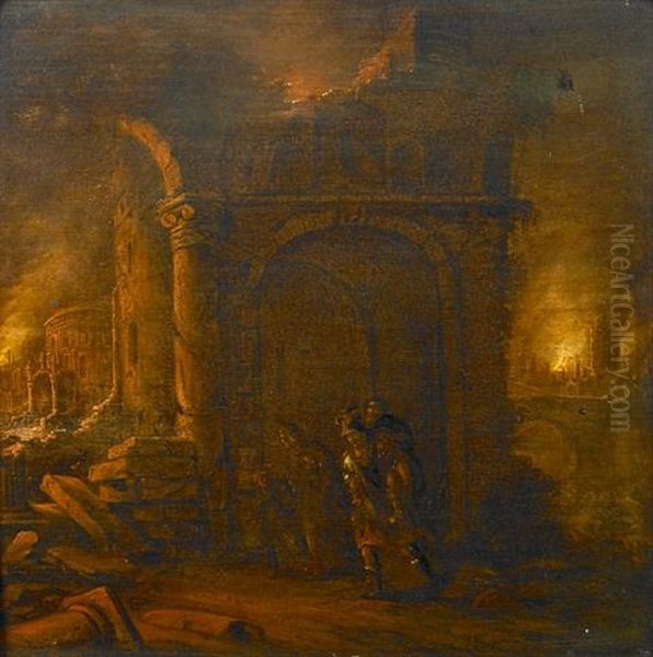 The Burning Of Troy Oil Painting by Claes Jansz van der Willigen