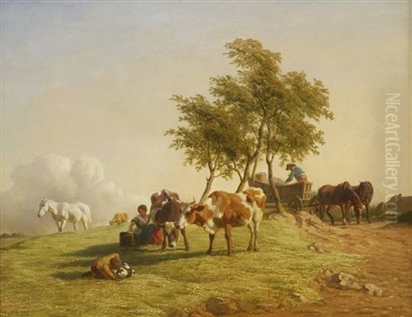 A Pastoral Scene With A Milkmaid And Cattle, A Boy Playing With A Puppy And A Horse-drawn Cart Beyond Oil Painting by Henry Brittan Willis, R.W.S.