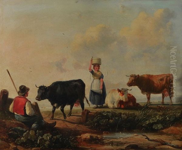 Landscape With Farm Folk And Cattle Oil Painting by Henry Brittan Willis, R.W.S.