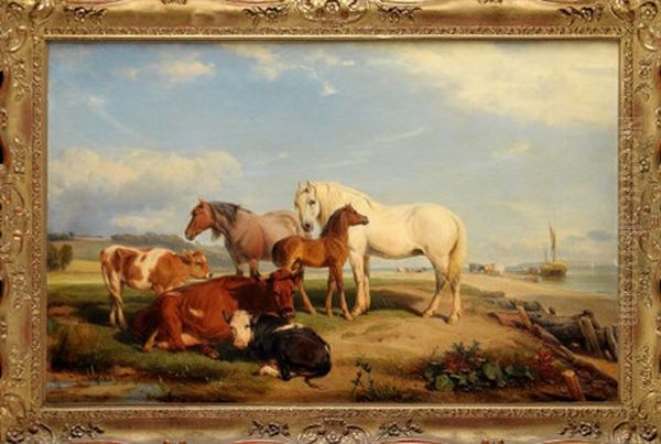 Horses And Cattle Near An Estuary With A Hay Barge Loading In The Distance Oil Painting by Henry Brittan Willis, R.W.S.