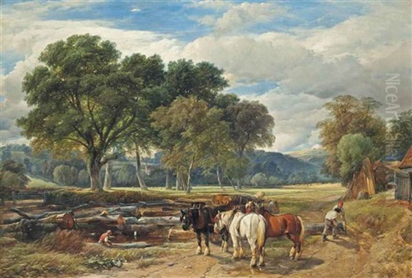 Loggers In An Extensive Summer Landscape Oil Painting by Henry Brittan Willis, R.W.S.