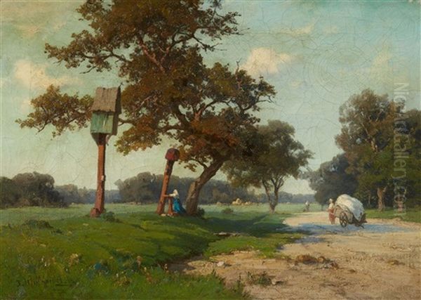 Landscape With Peasants And A Shrine Oil Painting by Josef Willroider
