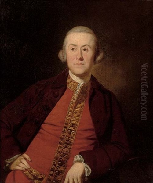 Portrait Of A Gentleman In A Burgundy Jacket And A Red Waistcoat With Gold Trim Oil Painting by Benjamin Wilson