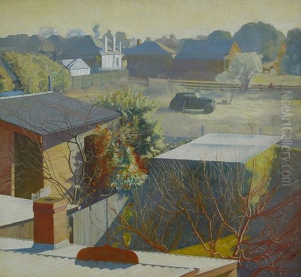 Suburban View With Motor Car & Paddock, Liverpool, N.s.w. Oil Painting by Eric Wilson