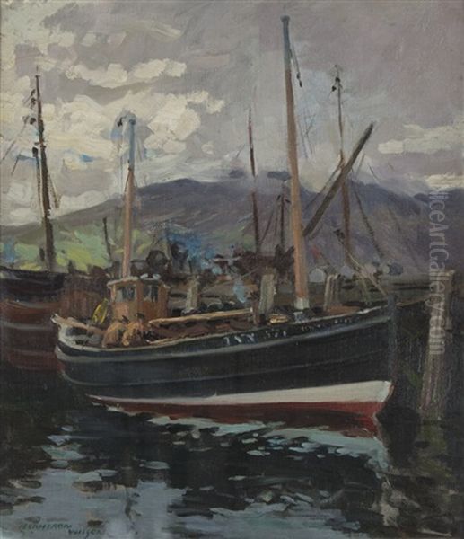 Fishing Vessels At Castlebay Barra Oil Painting by Hugh Cameron Wilson