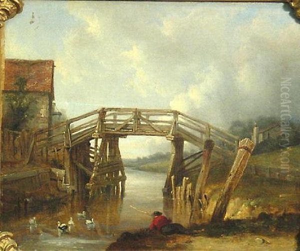 A River Landscape With A Figure Fishing Near A Bridge Oil Painting by William A. Wilson