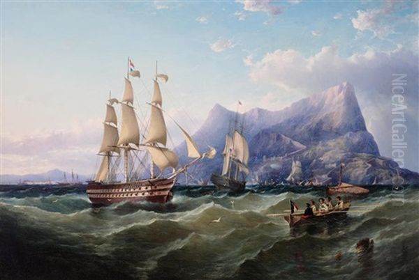 A View Of The Rock Of Gibraltar With Frigates And A Dinghy With Figures In The Foreground Oil Painting by John Jock Wilson
