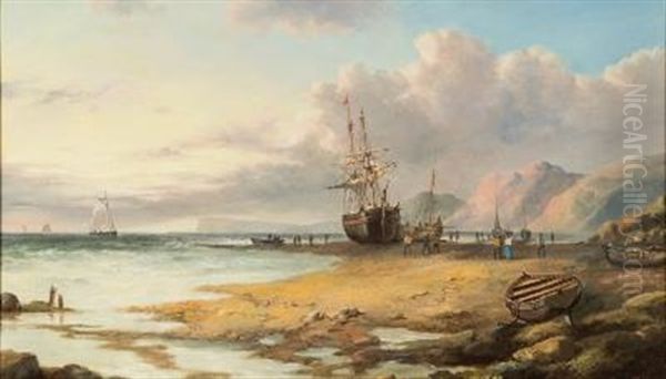 Fishing Boats On A Shore At Low Water Oil Painting by John Jock Wilson