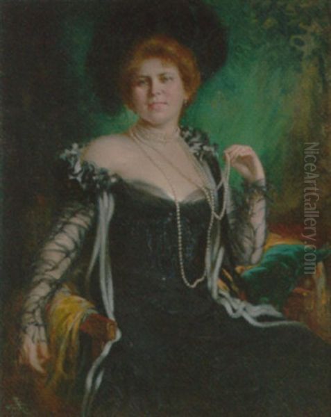 Portrait Of A Lady In A Black Dress With A Plumed Hat Oil Painting by Rudolf Wimmer