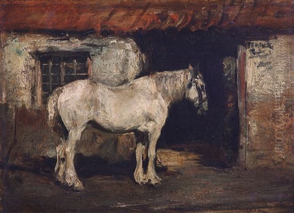 The Smithy Door, A Standing Grey In An Exterior Setting Oil Painting by James Lawton Wingate