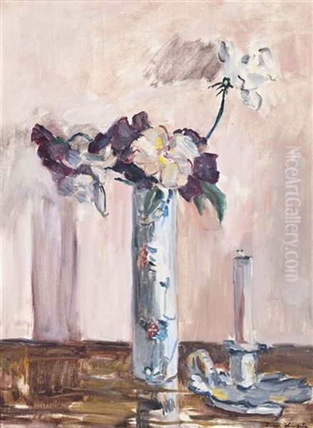 Sweet Peas In A Vase, With A Candlestick Oil Painting by James Lawton Wingate