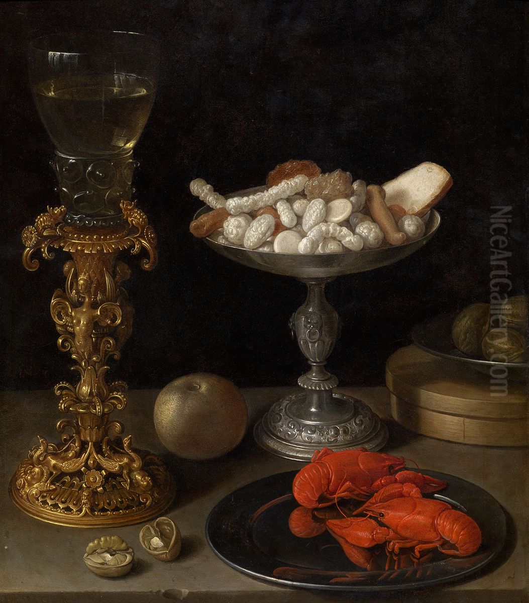 A Roemer On A Silver-gilt Bekerschroef, Sweetmeats In A Silver Tazza, Langoustines On A Plate, Walnuts And An Apple On A Table Top Oil Painting by Jeremias van Winghe