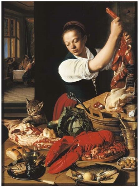 A Kitchen Interior With A Maid Preparing Meat And Gentlemen Drinking At A Table Beyond Oil Painting by Jeremias van Winghe