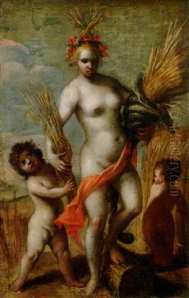 Allegorie Auf Den Sommer. Ceres Mit Zwei Putten Oil Painting by Jeremias van Winghe