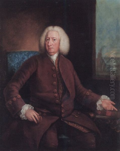 Portrait Of John Blackburn Of Orford Hall, Seated, Pointing To A Copy Of Linnaeus, With A View Of A Greenhouse Beyond Oil Painting by Hamlet Winstanley