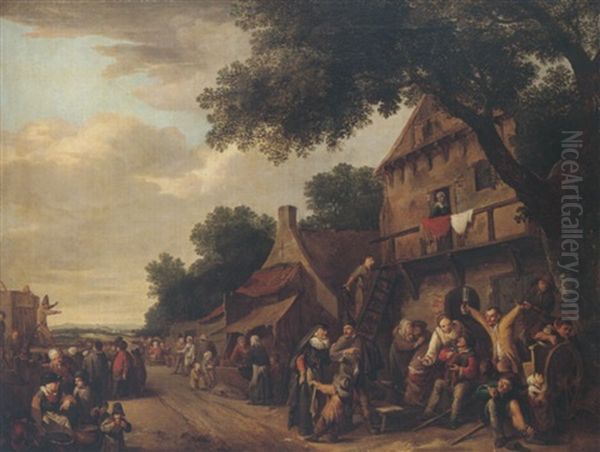A Crowded Village Scene With Figures Drinking Before An Inn, A Play Being Staged On The Left Oil Painting by Gillis de Winter