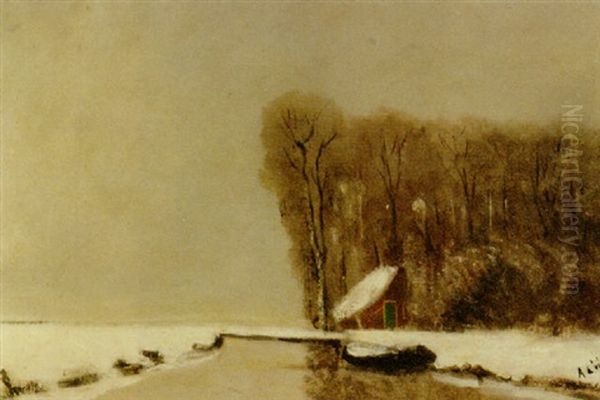 A Winter Landscape With A Farmhouse On The Brink Of The Woods Oil Painting by Janus de Winter