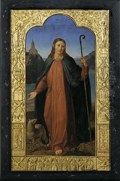Christus Als Guter Hirte. Darstellung Eingefasst Mit Szenenreicher Bordure Biblischer Themen Uber Goldenem Grund Oil Painting by Joseph Wintergerst