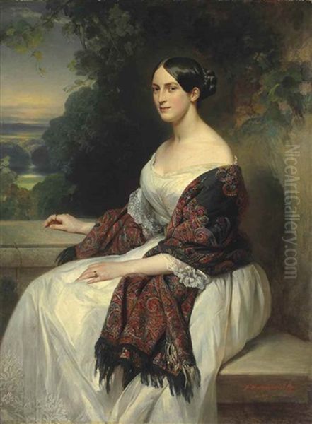 Portrait Of Mrs Ackermann, Three-quarter Length, Seated In A Landscape Oil Painting by Franz Xavier Winterhalter