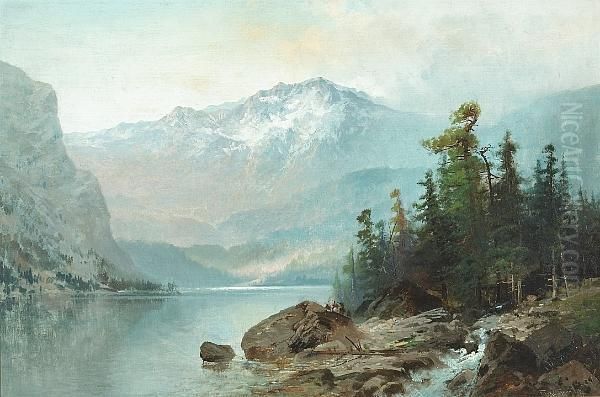 Indian Riders Along A Lakeshore Oil Painting by Frank C. Bromley