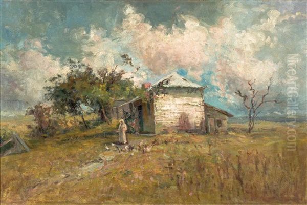 (feeding The Chickens) Oil Painting by Walter Withers