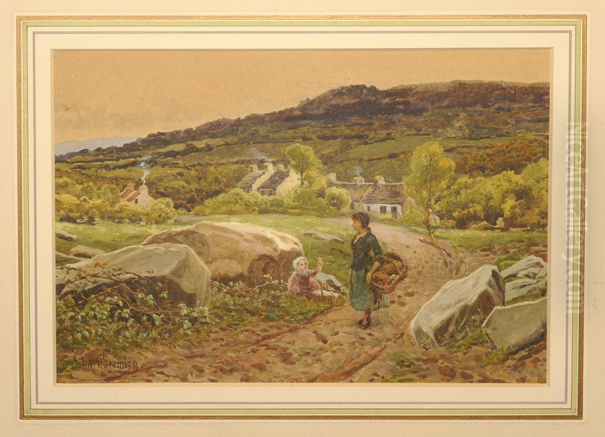 Young Girl And Child On A Country Lane Oil Painting by John Bromley