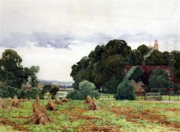 Cornfield With Farm Beyond Oil Painting by John Bromley