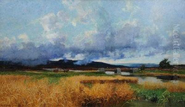 Horse And Cart Crossing Moorland Oil Painting by John Bromley