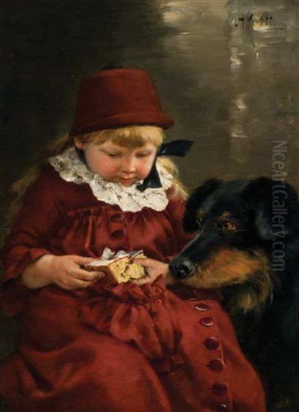 Little Girl Sharing Cake With Her Dog Oil Painting by John Harrison Witt